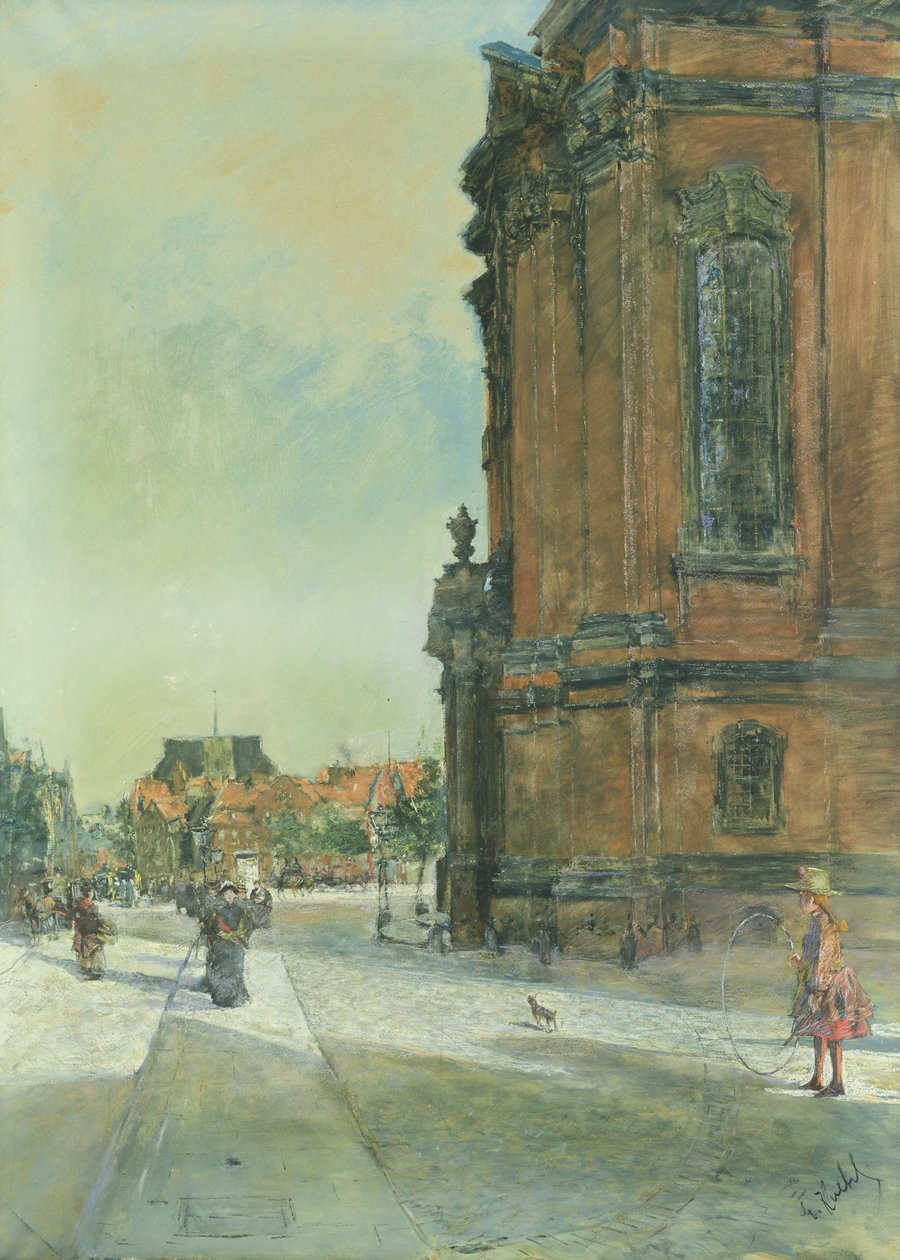 Scena uliczna w pobliżu kościoła św. Michała w Hamburgu autorstwa Gotthardt Johann Kuehl