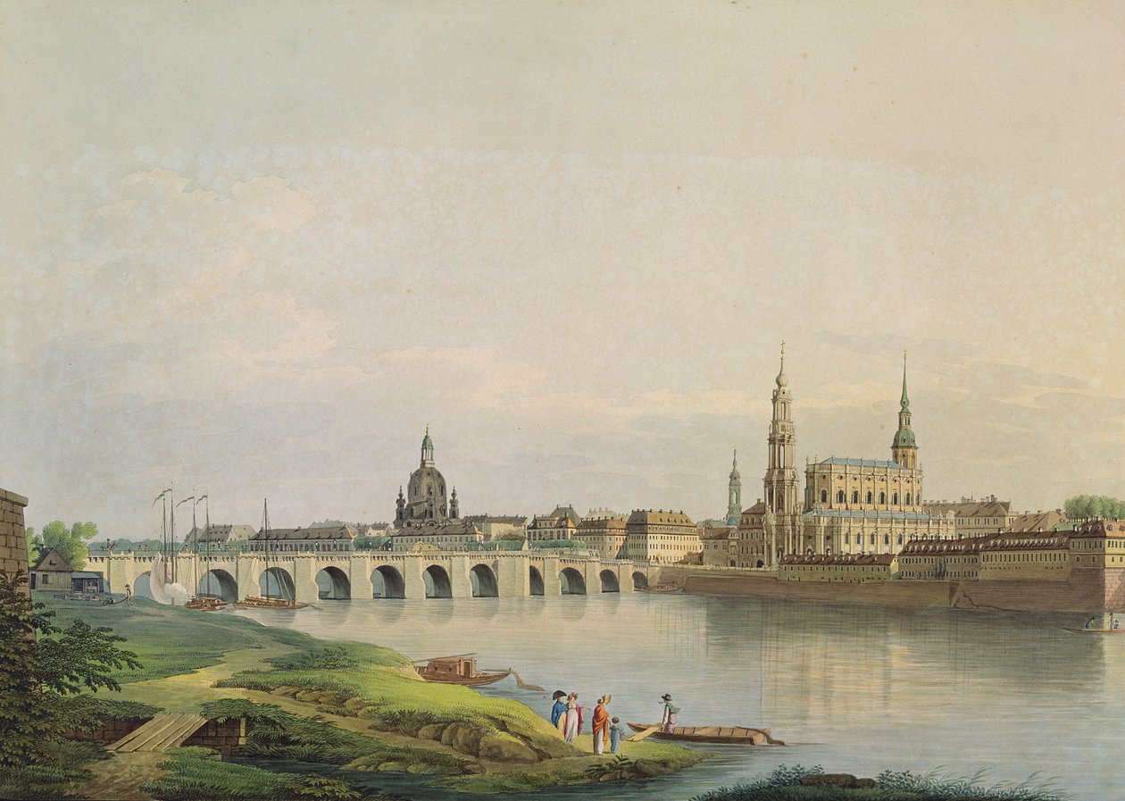 Widok Drezna z zachodniej części nowego miasta (z kościołem Frauenkirche, kościołem protestanckim, mostem Augusta i katedrą) sztychowany przez Christiana Gottloba Hammera (1779-1864) (kolorystyka) autorstwa Gottlob Thormeyer or Thormeier