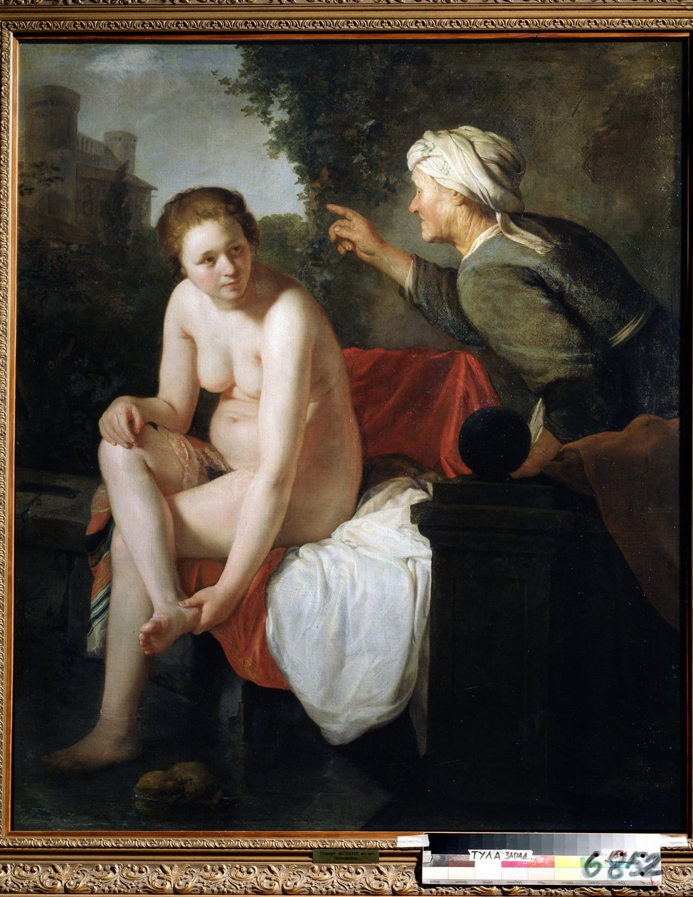 „Bathsabi au Bain” (Kąpiąca się Batszeba) Obraz Goverta Flincka (Hoon Govert Flinck) (1615-1660) Huille sur Toile. Święto Narodowe Musi Toulla, Rosja. autorstwa Govaert Flinck