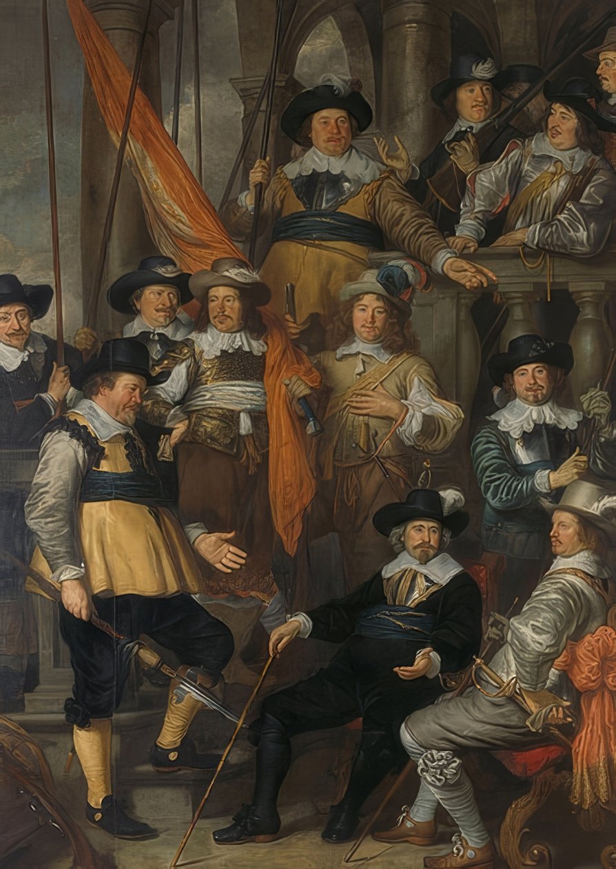 W towarzystwie kapitana Alberta Basa i porucznika Lucasa Conijna. 1645 autorstwa Govaert Flinck