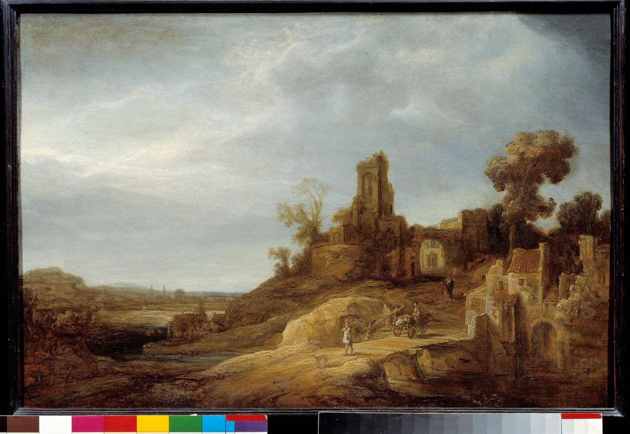 Krajobraz na moście i ruiny Obraz Govaerta Flinka (1615/1616-1660) 1637 nd. 0,49x0,75 m² autorstwa Govaert Flinck