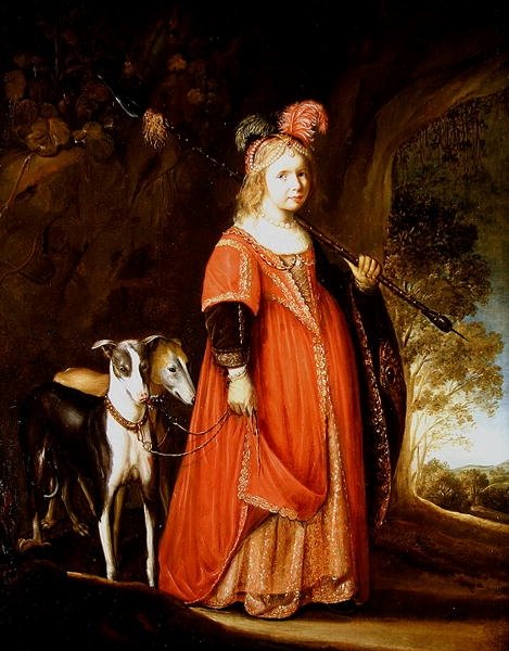 Portret młodej dziewczyny jako Diany na polanie z dwoma chartami autorstwa Govaert Flinck