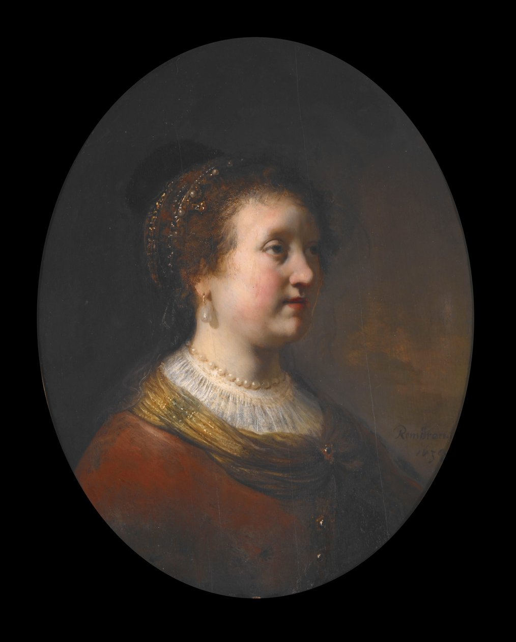 Kobieta w czerwonej sukni i perłach autorstwa Govaert Flinck