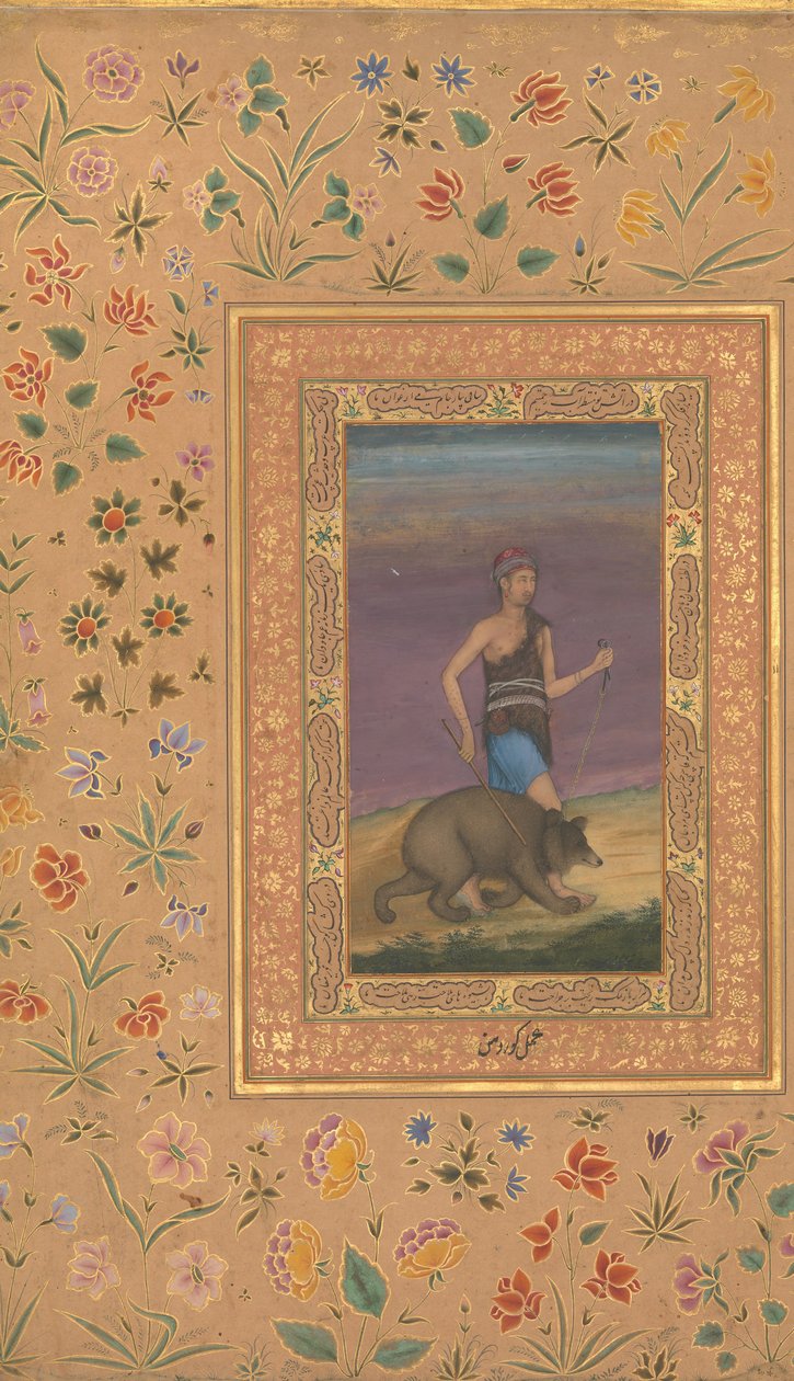 Derwisz prowadzący niedźwiedzia, folio z albumu Shah Jahan, recto: ca. 1630-40, verso: ca. 1530-40 autorstwa Govardhan