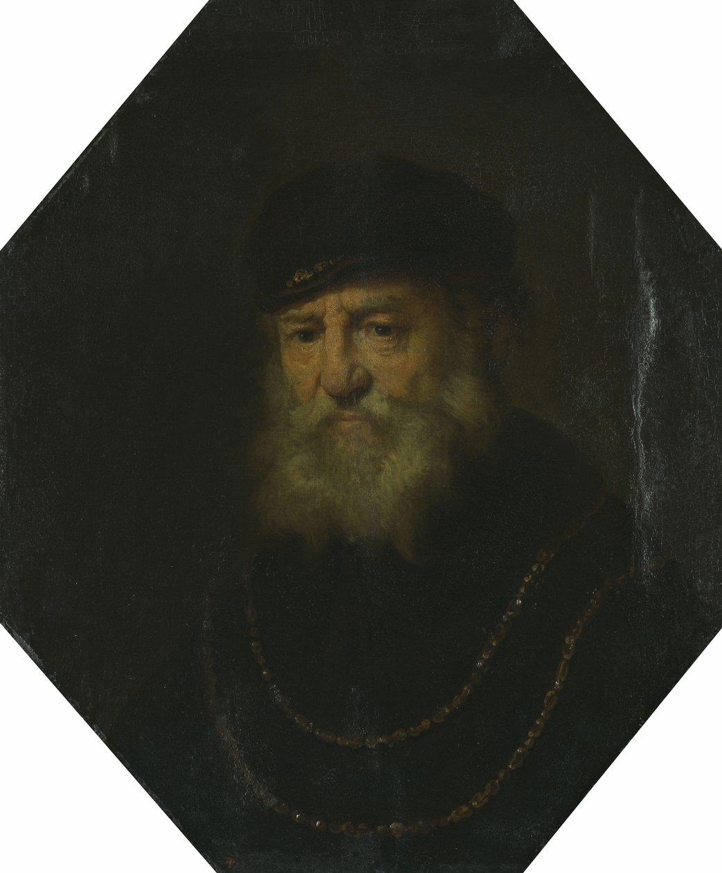 Popiersie starca z dwoma złotymi łańcuszkami autorstwa Govert Flinck