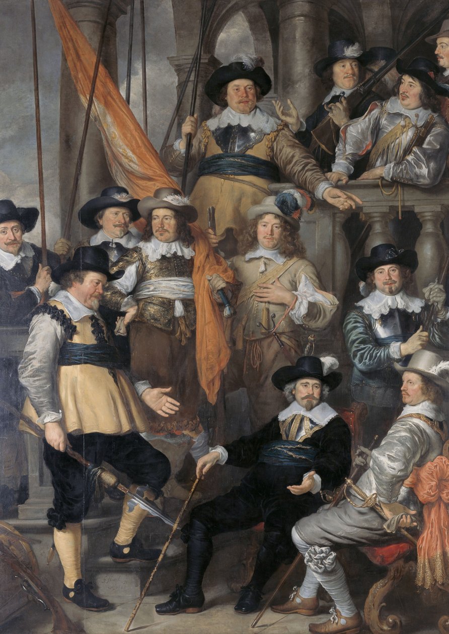 niderlandzki: Schutters van Wijk XVIII pod dowództwem kapitana Alberta Basa i porucznika Lucasa Conijna Kompania kapitana Alberta Basa i porucznika Lucasa Conijna autorstwa Govert Flinck