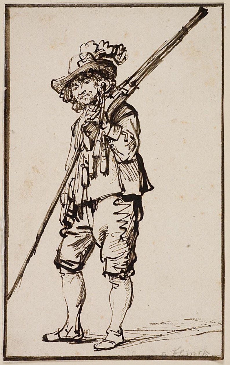 Stojący żołnierz z muszkietem na ramieniu autorstwa Govert Flinck