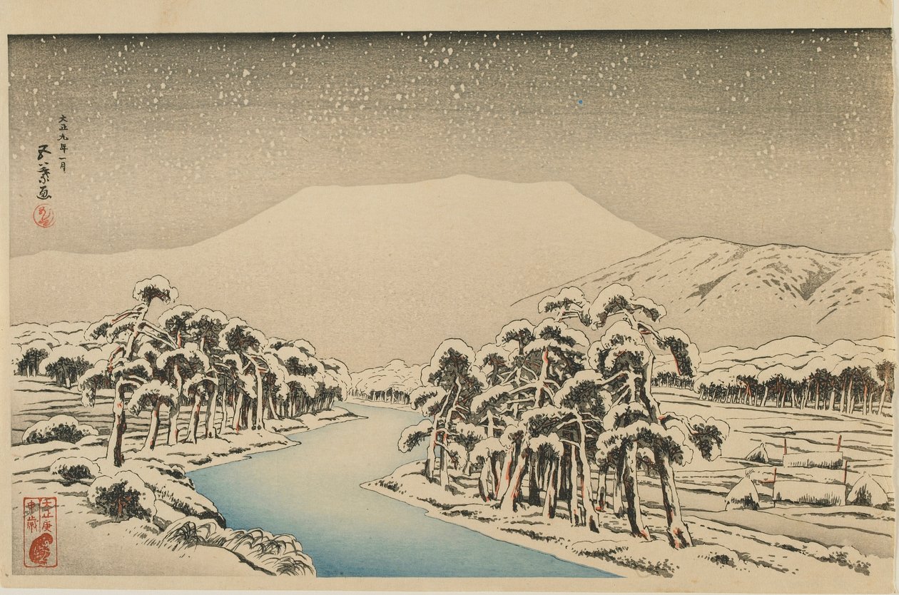 Góra Ibuki w śniegu, era Taisho, styczeń 1920 (kolorowy drzeworyt) autorstwa Goyo Hashiguchi