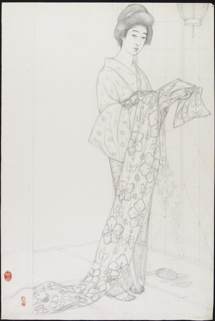 Rysunek przygotowawczy dla kobiety w bieliźnie kimono autorstwa Goyo Hashiguchi