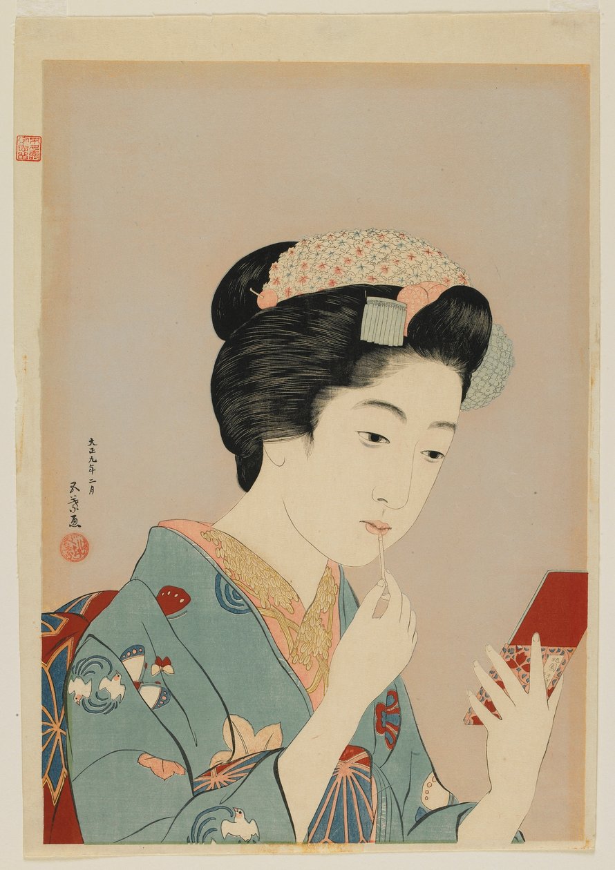 Kobieta nakładająca szminkę do ust, era Taisho, luty 1920 (kolorowy drzeworyt) autorstwa Goyo Hashiguchi