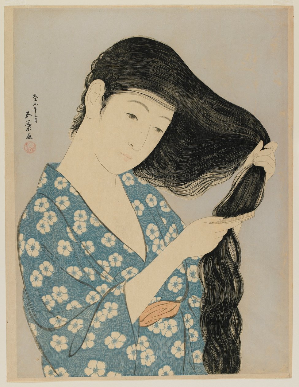 Kobieta czesząca, epoka Taisho, marzec 1920 (kolorowy drzeworyt) autorstwa Goyo Hashiguchi