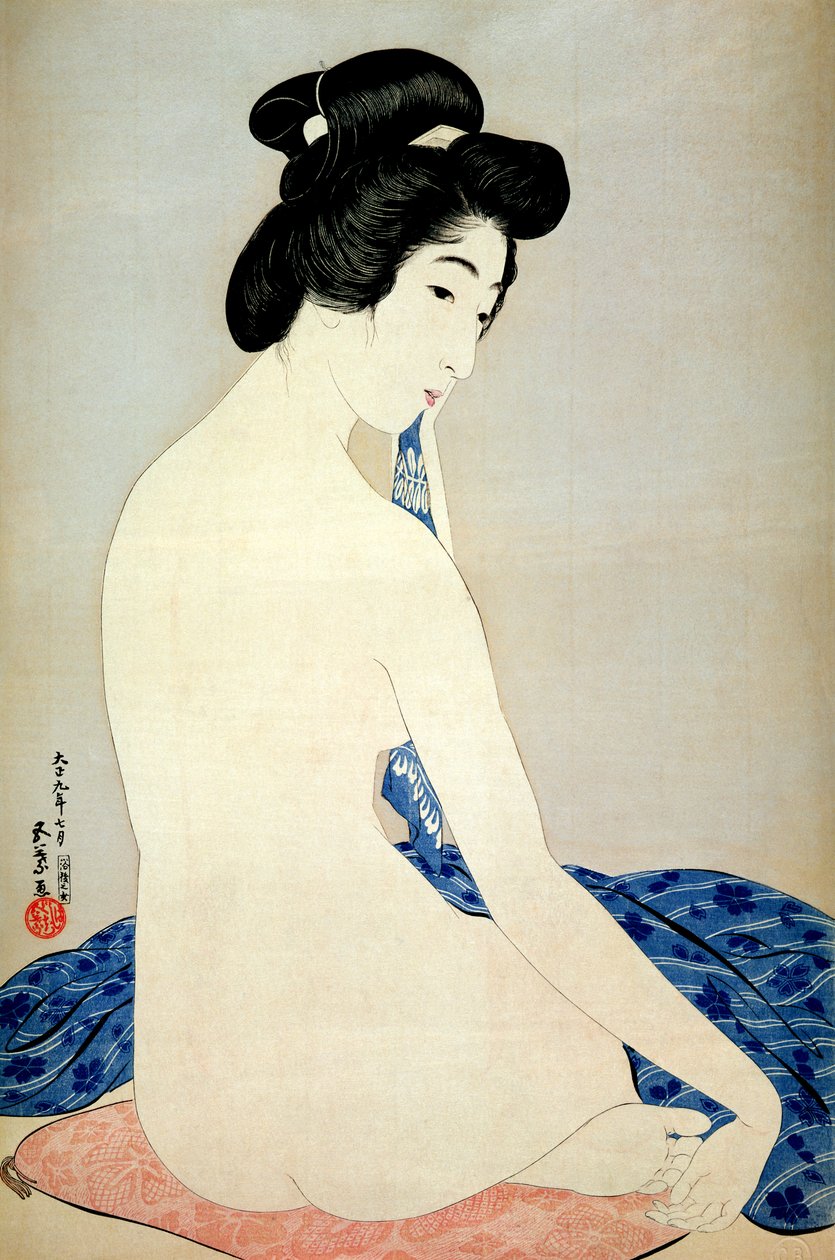 Kobieta po kąpieli, wyd. Shosaburo Watanabe, 1920, (kolorowy drzeworyt) autorstwa Goyo Hashiguchi