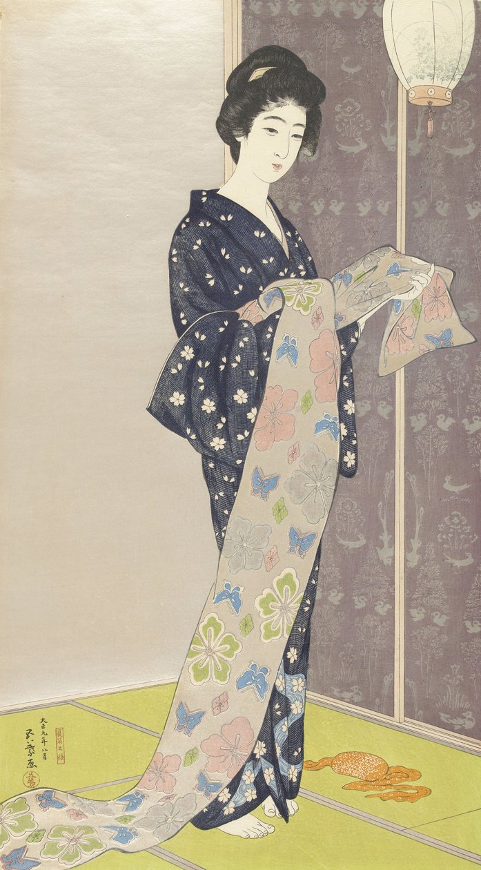 Młoda kobieta w letnim kimonie, 1920 (kolorowy drzeworyt) autorstwa Goyo Hashiguchi