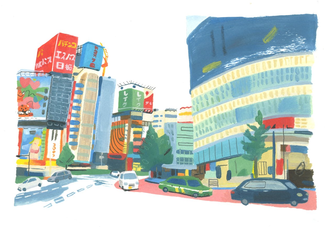 Shinjuku 2, 2015 (olej na papierze) autorstwa Grace Helmer
