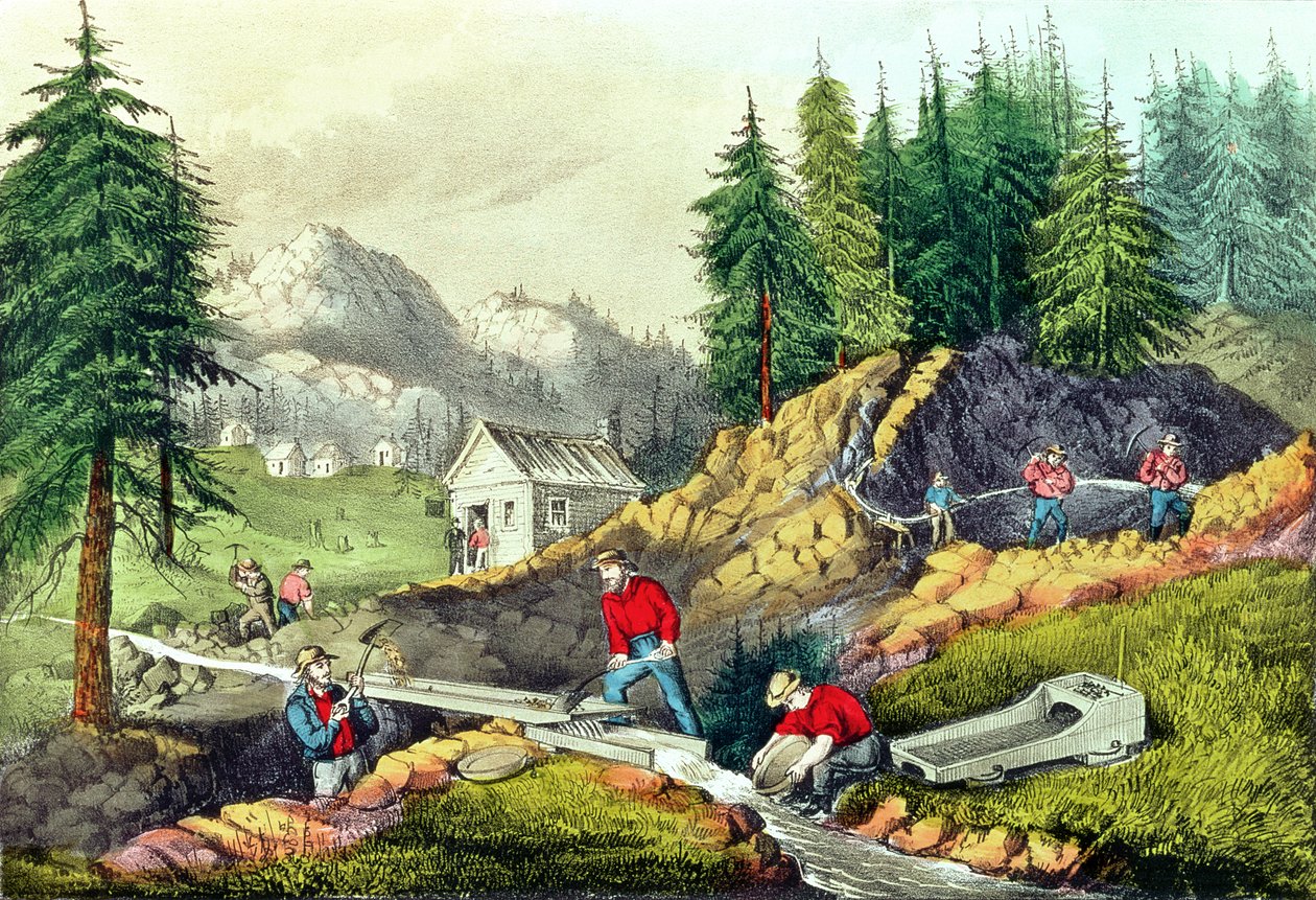 Gold Mining in California, opublikowane przez Currier und Ives, 1861 (patrz także 166069 i 32910) autorstwa Grafton Tyler Brown