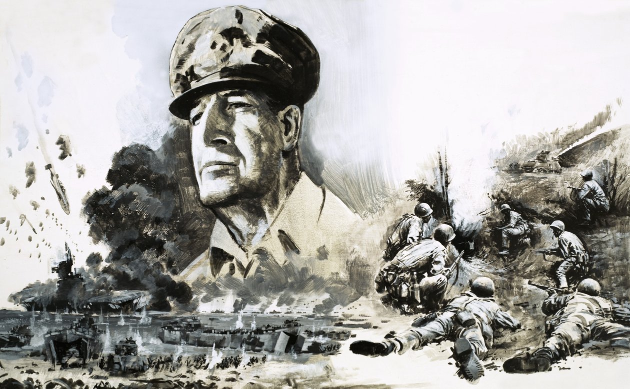 Douglas MacArthur ze scenami lądowania w D-Day autorstwa Graham Coton