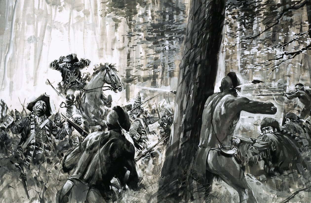 W 1765 r. generał Edward Braddock wpadł w zasadzkę francuskich żołnierzy i zaciekłych kanadyjskich Indian autorstwa Graham Coton