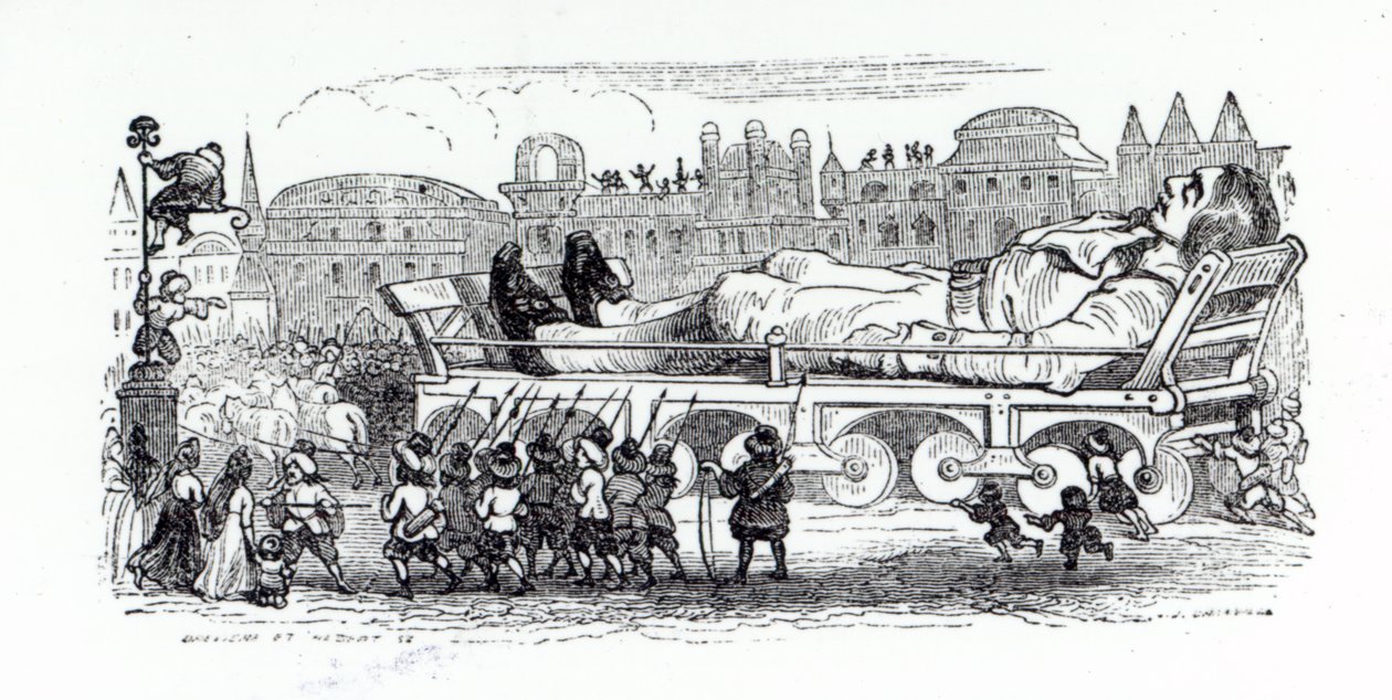 Guliwer przewożony do stolicy Lilliputów, ilustracja z „Podróży Guliwera” Jonathana Swifta, 1838 autorstwa Grandville