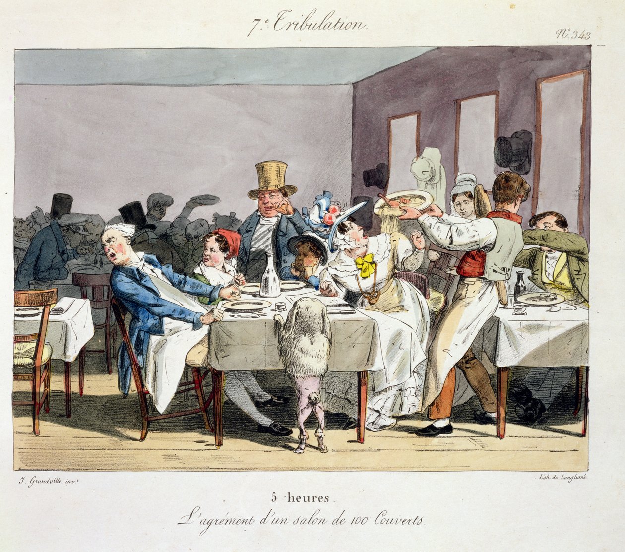 Restauracja na sto miejsc: godzina 5, z „Niedziel paryskiego burżua”, sztychowanej przez Langlanda, wydana w 1826 r. autorstwa Grandville