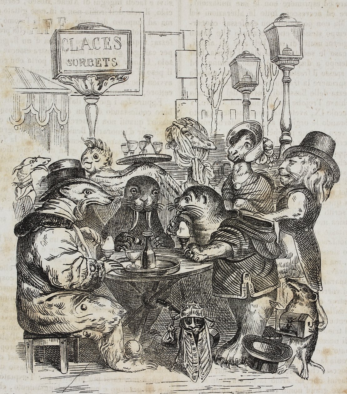 Bestie siedzące w lodziarni, litografia Giovanniego Marianiego według karykatury Jean-Jacquesa Grandville