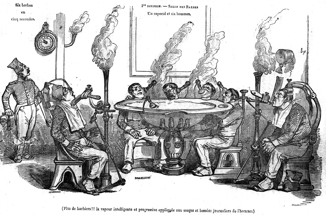 Karykatura Grandville przedstawiająca kaprala i jego ludzi w Salle des Barbes siedzących z maszyną parową, którzy golą ich bez pomocy fryzjera. W „”Malowniczym sklepie”” 1835 autorstwa Grandville