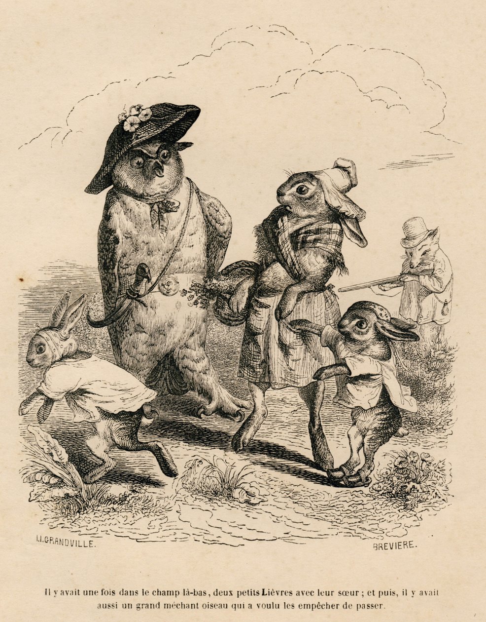 Dwa małe zające ze swoją starszą siostrą zatrzymały się przy sowie na polu. Za nimi stoi polujący lis. Miniatury ilustrowane przez JJ Granville. Grawer sygnowany Breviere w części "Historia zająca" autorstwa PJ Stahl in autorstwa Grandville