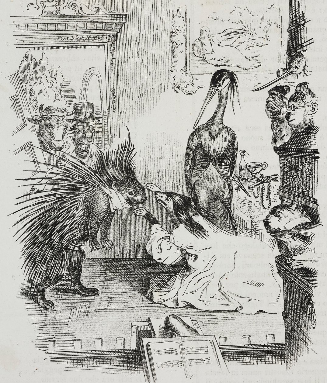 Pies i jeżozwierz, karykatura Jean-Jacques Grandville (1803-1847), litografia Giovanniego Mariani z Polioramy Pittoresco, nr 38, 30 kwietnia autorstwa Grandville