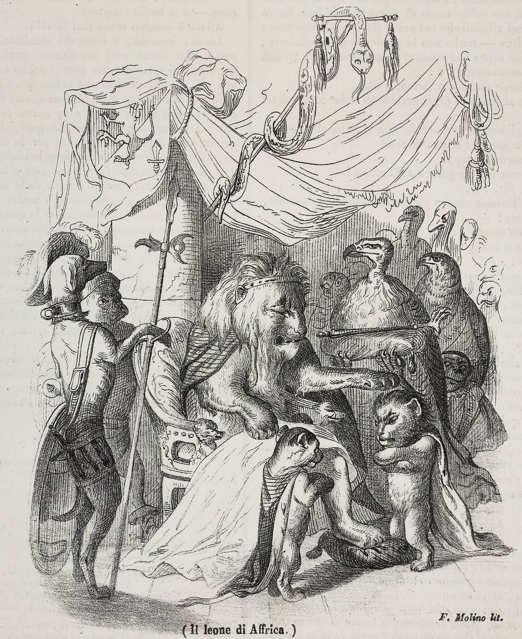 Lew Afryki, bohater opowieści o lwie afrykańskim i trzech rodzimych młodych lwach, litografia Filippo Molino (1804-1856) wg rysunku Jean-Jacques Grandville (1803-1847), autorstwa Grandville