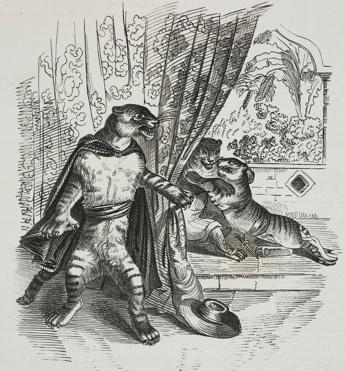 Tygrys zbliża się ze sztyletem, karykatura Jean-Jacques Grandville (1803-1847), litografia Gaetano Riccio z Poliorama Pittoresco, nr 39, 7 maja autorstwa Grandville