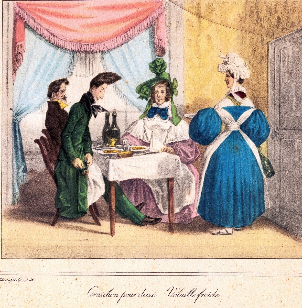 Żywa karta restauratora: Marynata dla dwojga, kurczak na zimno 1831-32 (litografia) autorstwa Grandville