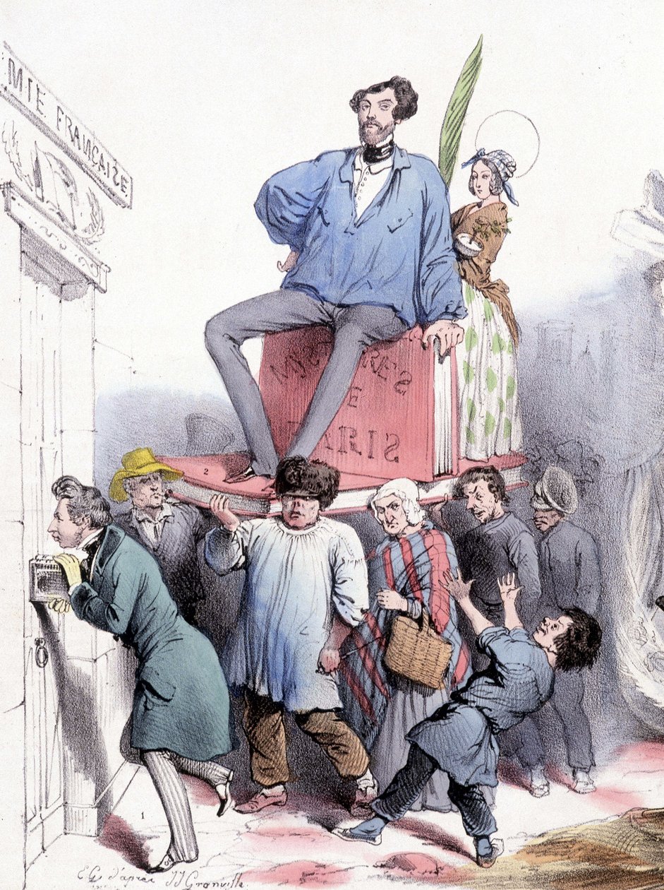 Alfred de Vigny pukający do drzwi Akademii ze swoimi wszystkimi dziełami, oraz Eugène Sue, siedzący na „”Les mystères de Paris””, ubrany w paleto niebieskiego płótna księcia Rodolphe – autorstwa Grandville, w „”Le Charivari””” 21.02.1844 autorstwa Grandville