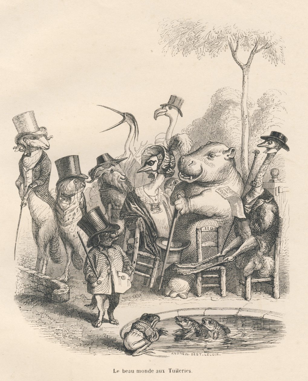 Zwierzęta w eleganckich strojach spacerujące po Tuileries. Winiety ilustrowane przez JJ Granville. Rycina sygnowana Andrzejem, Bestem i Leloirem w części „Historia zająca” napisana przez PJ Stahla w „Scenach z życia prywatnego i publicznego zwierząt”. Zakł autorstwa Grandville