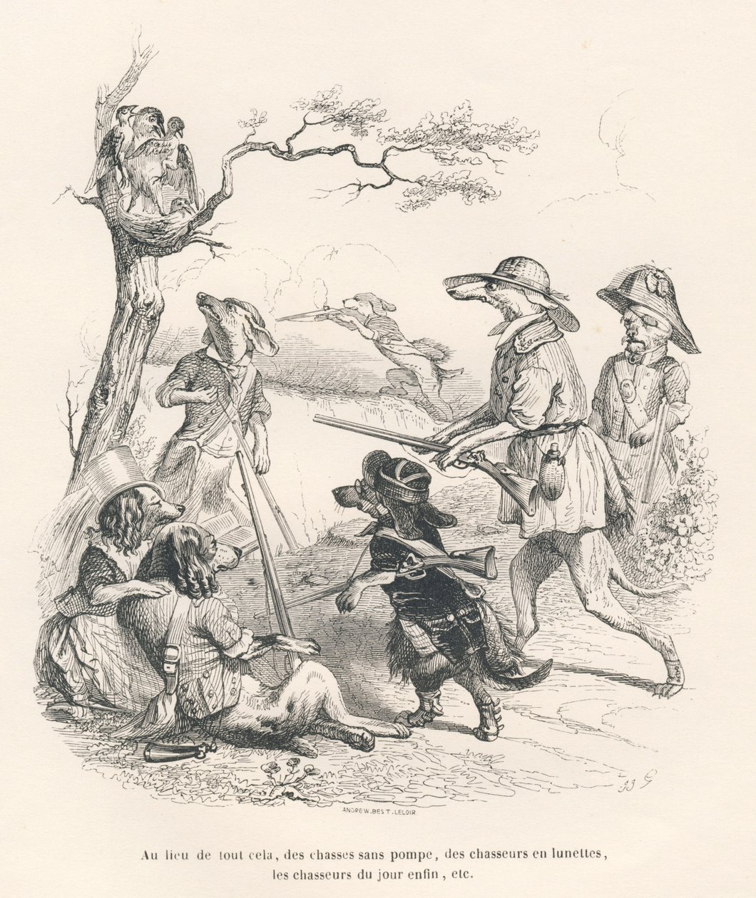 Zwierzęta w myśliwych. Winiety ilustrowane przez JJ Granville. Grawer autorstwa Andrew, Besta i Leloira w dziale „Wspomnienia starego wrony” autorstwa PJ Stahla w „Scenach z prywatnego i publicznego życia zwierząt”. Paryż, J. Hetzel i Pa autorstwa Grandville