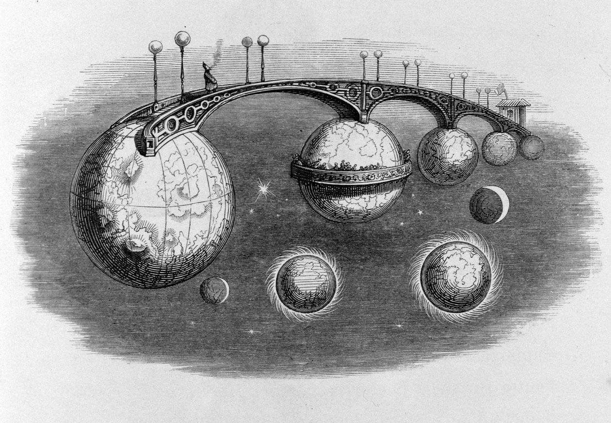 Most łączący ze sobą kilka planet - grawer autorstwa Grandville autorstwa Grandville