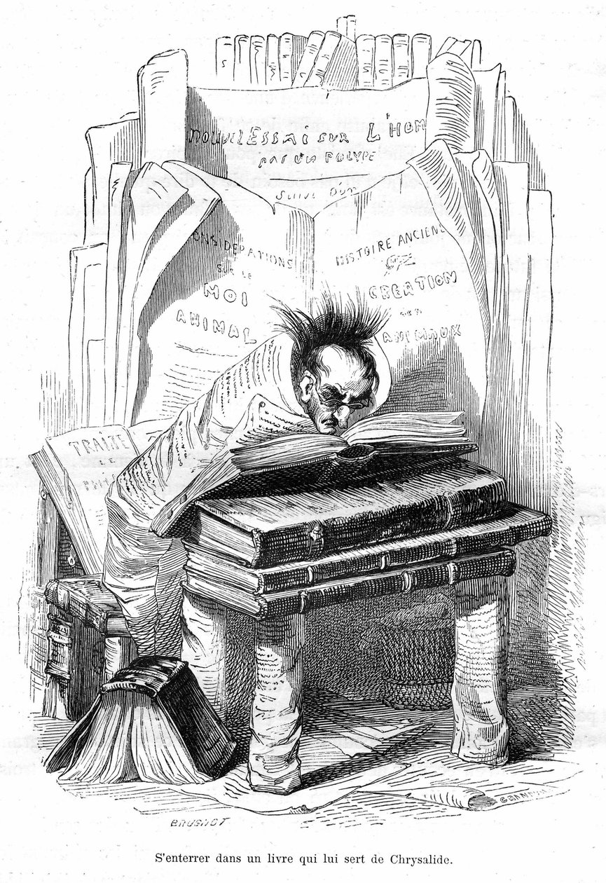 Karykatura: Chryzalida uczonego zagrzebanego w księgach biblioteczki - rycina Grandville