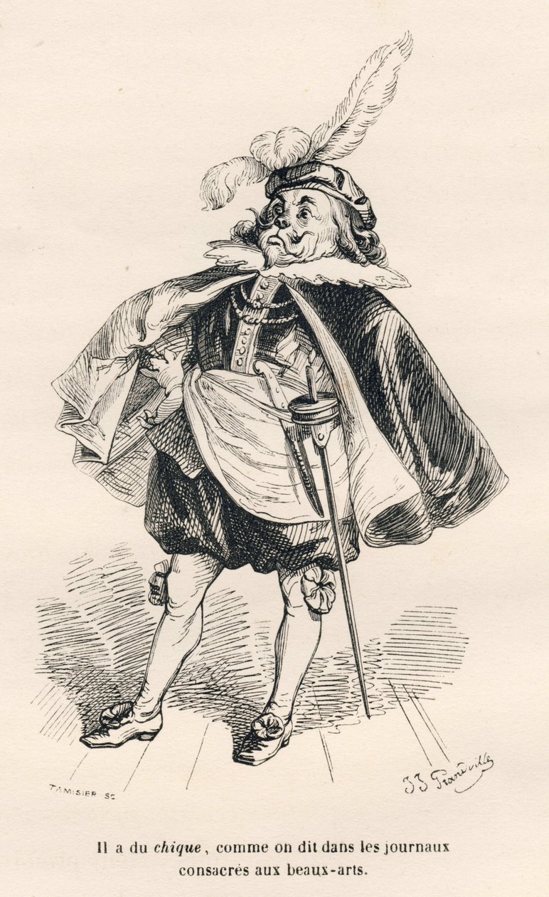 Pies z szykiem. Winiety ilustrowane przez JJ Granville. Grawer sygnował Tamisier w części zatytułowanej "Le premier feuilleton de Pistolet" Julesa Janina w "Scenach z życia prywatnego i publicznego zwierząt". Paryż, J. Hetzel i Paulin autorstwa Grandville