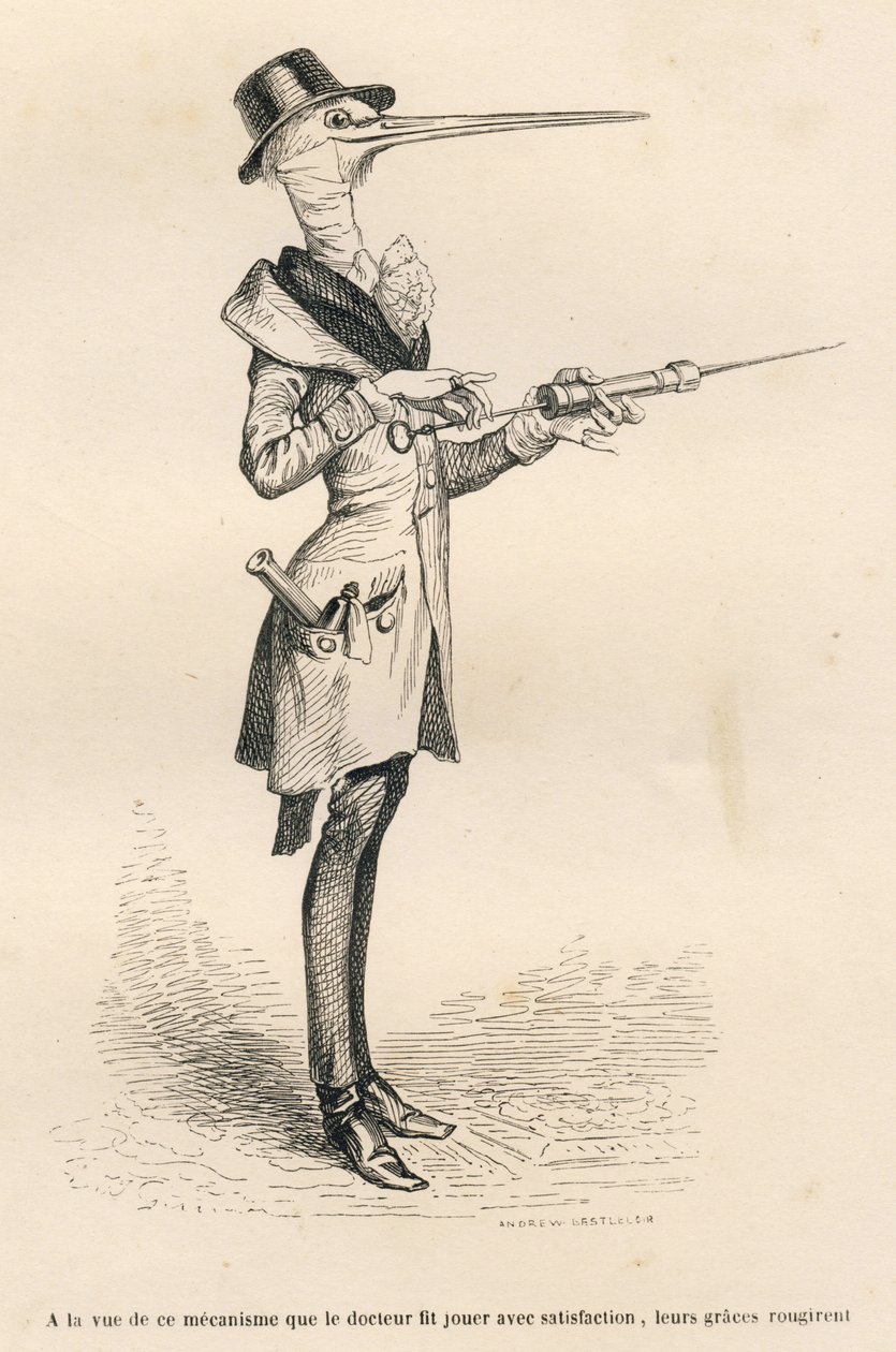 Bocian jako lekarz prowadzący lewatywę. Miniatury ilustrowane przez JJ Granville. Grawerowanie sygnowane Andrzejem, Bestem i Leloirem w części zatytułowanej „Dworskie bóle kota angielskiego” napisanej przez Honore de Balzac w „Sceny z życia prywatnego i pu autorstwa Grandville