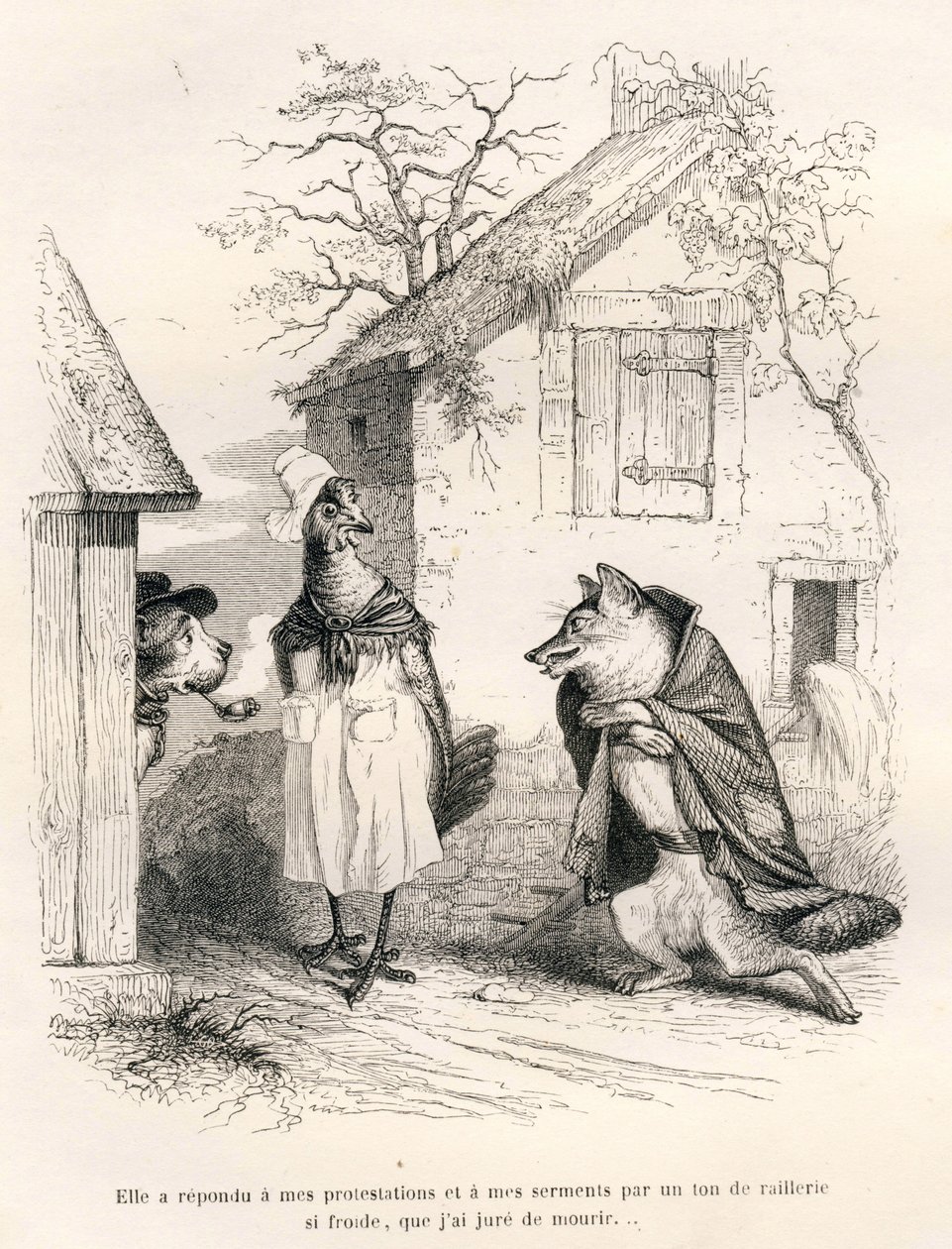 Rozmowa psa, kury i lisa. Winiety ilustrowane przez JJ Granville. Rycina sygnowana Godardem w dziale zatytułowanym „Lis złapany w pułapkę” autorstwa Charlesa Nodiera w „Scenach z życia prywatnego i publicznego zwierząt”. Paryż, J. H autorstwa Grandville