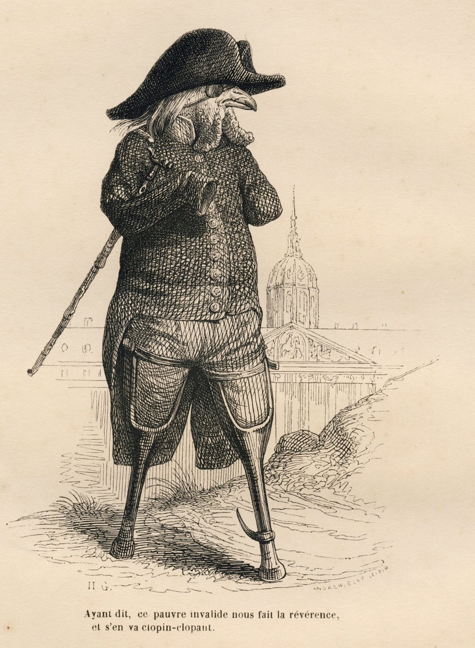 Kogut nieważny przed hotelem des invalides w Paryżu. Miniatury ilustrowane przez JJ Granville. Rycina sygnowana Andrzejem, Bestem i Leloirem w części zatytułowanej „Zwierzęta lecznicze” napisanej przez Pierre