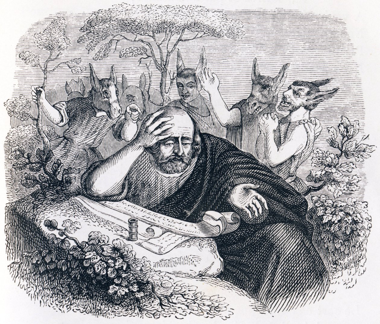 Demokryta (460-370 pne). i Abderytanie. (List od Hipokratesa) - Bajki La Fontaine autorstwa Grandville