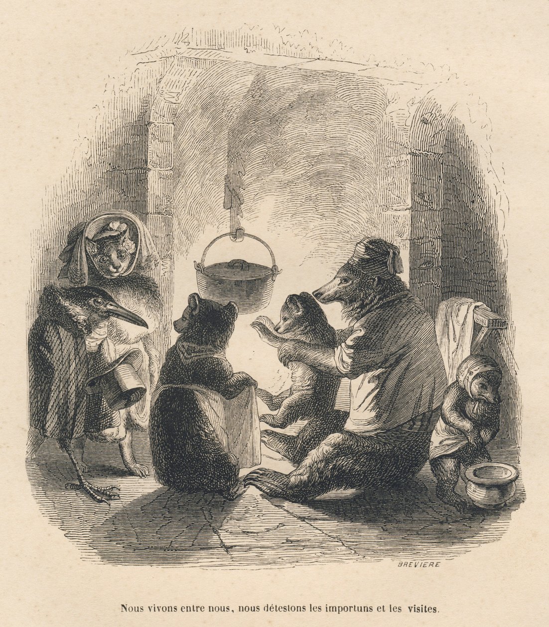 Dwóch gości przychodzi, by rozdrażnić niedźwiedzią rodzinę siedzącą przed kominkiem, w którym na wieszaku wisi garnek. Miniatury ilustrowane przez JJ Granville. Grawer sygnowany Breviere w części zatytułowanej „L