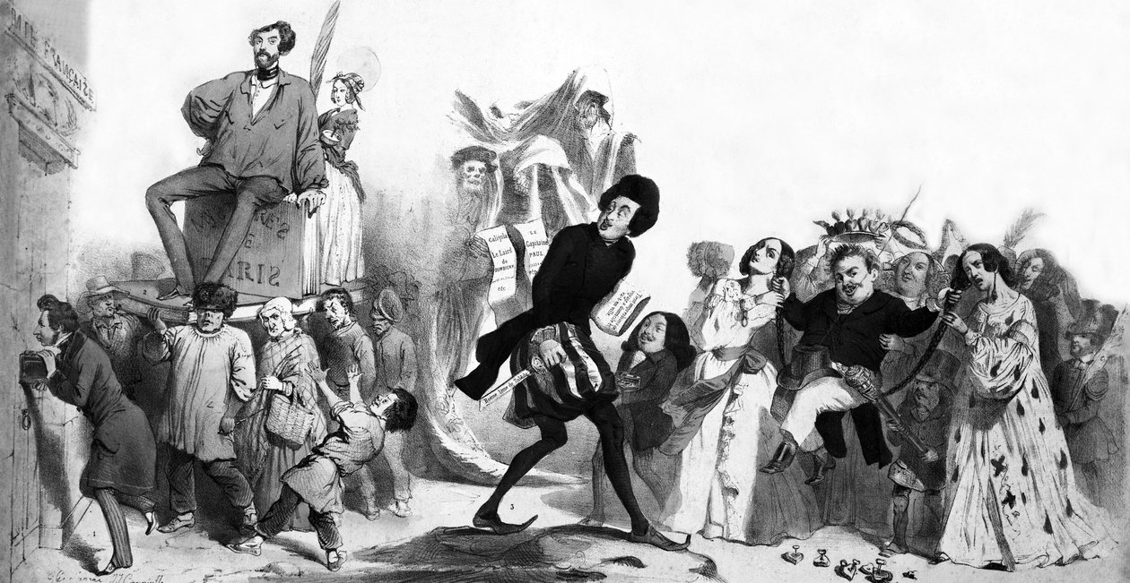 Francuscy pisarze romantyczni (Alfred de Vigny, Victor Hugo, Alexandre Dumas the Father, Honore de Balzac) pragnący dostać się do Akademii Francuskiej, ale drzwi są zamknięte, rycina autorstwa Grandville (1803 47)