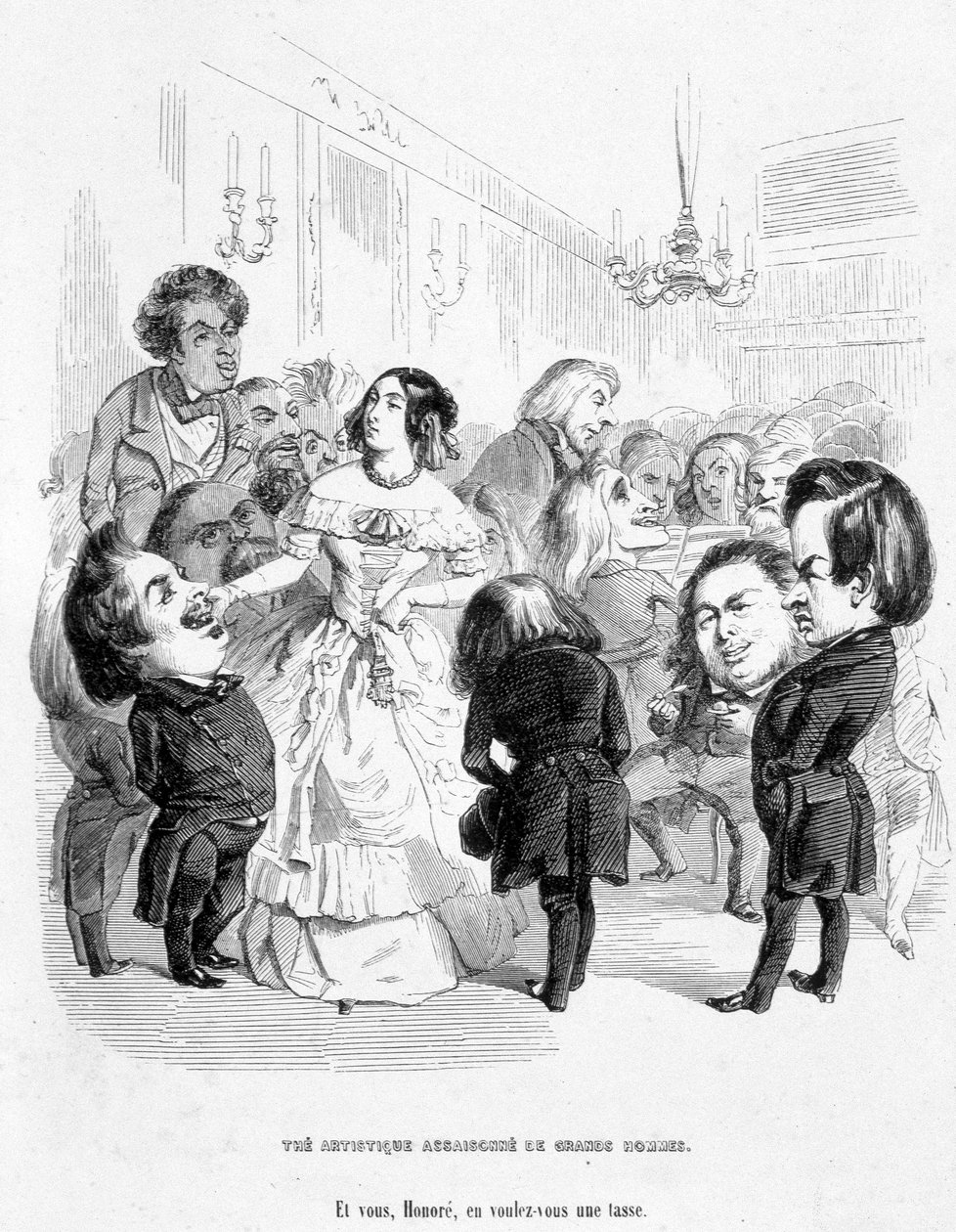 George Sand (Aurore Dupin, Baronne Dudevant) (1804-1876) w otoczeniu 4 pisarzy: Eugene Sue, Honore de Balzac, Franza Litza i Victora Hugo - w „W poszukiwaniu pozycji społecznej” Jerome Paturot autorstwa Grandville
