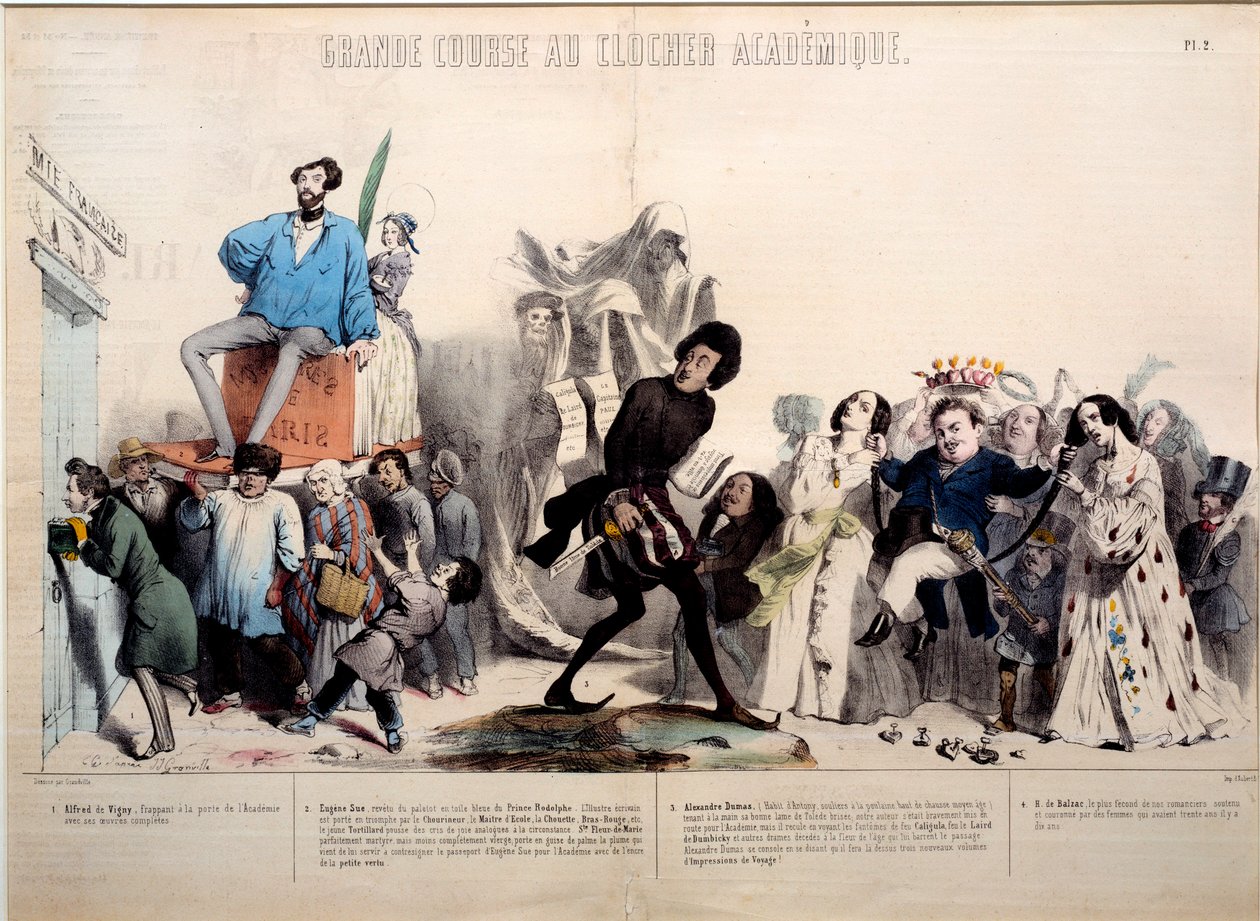 Wielki wyścig do dzwonnicy akademickiej. Pisarze Alfred de Vigny (1797-1863), Eugene Sue (1804-1857), Alexandre Dumas (1802-1870) i Honore de Balzac (1799-1850) są rozpoznawani. Grafika Gerarda Grandville