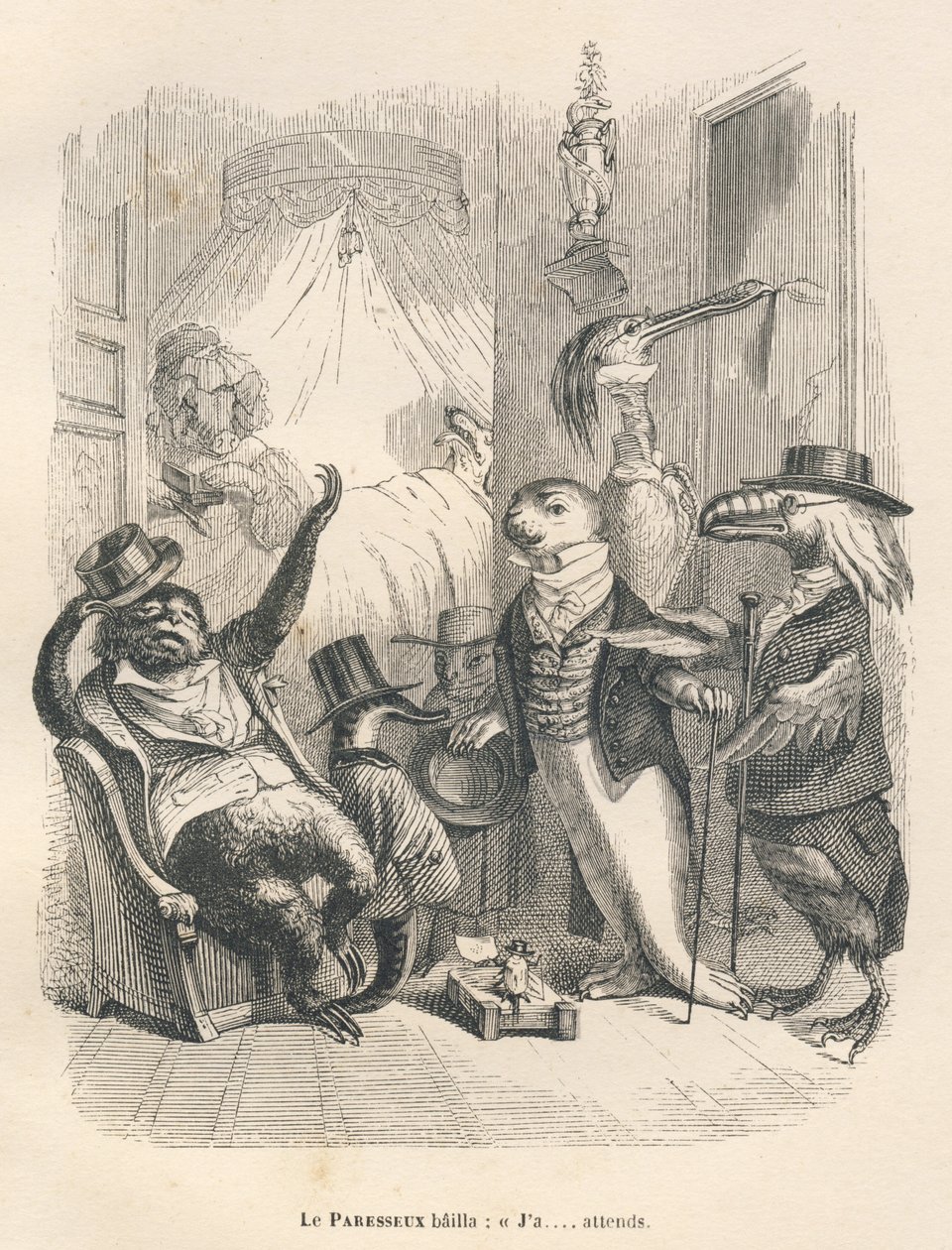 Leniwiec ziewnął, że czeka. Winiety ilustrowane przez JJ Granville. Rycina sygnowana Godard w części zatytułowanej "Les animaux medecins" napisanej przez Pierre Bernard w "Scenes de la vie privee et publique des animaux". Paryż, J. Hetzel et Paulin autorstwa Grandville