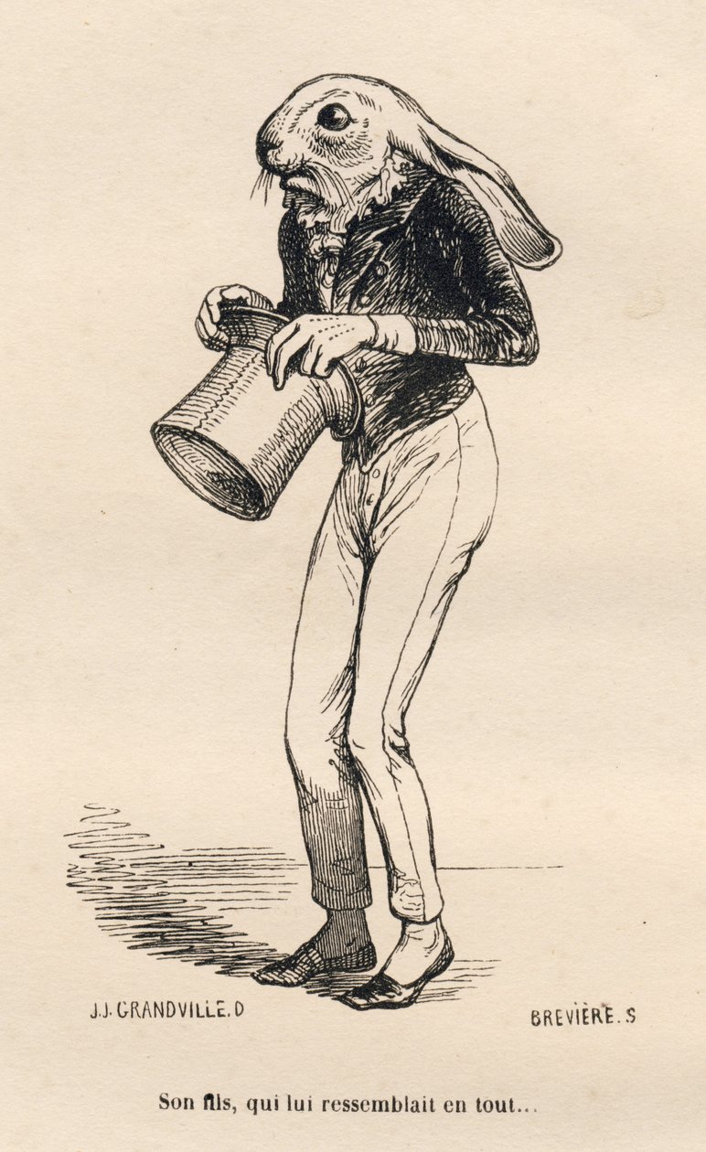Tchórzliwy Lievre w eleganckim kostiumie. Winiety ilustrowane przez JJ Granville. Rycina sygnowana Breviere w części "Historia zająca" napisana przez PJ Stahla w "Scenach z życia prywatnego i publicznego zwierząt". Paryż, J. Hetzel i Paulin autorstwa Grandville