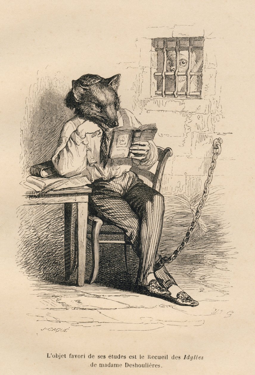 Czytanie wilka w więzieniu. Miniatury ilustrowane przez JJ Granville. Grawerem sygnowany Caque w części zatytułowanej „Criminal Court of Animal Justice” napisanej przez Emile de La Bedolliere w „Sceny z życia prywatnego i publicznego zwierząt”. Paryż, J. H autorstwa Grandville