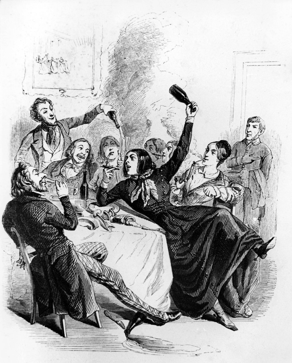 Lunch chłopców z 2 płci: mężczyźni i kobiety pijący alkohol i palący, rysunek Jean Ignace Isidore aka JJ Grandville autorstwa Grandville (1803 47)