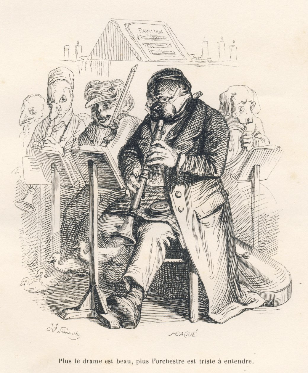 Orkiestra z psem grającym na flecie z pisklętami wychodzącymi z instrumentu muzycznego. Miniatury ilustrowane przez JJ Granville. Grawer sygnowany Caque w części zatytułowanej „Pierwszy serial Pistoleta” napisany przez Julesa Janina w „Scenach de l autorstwa Grandville