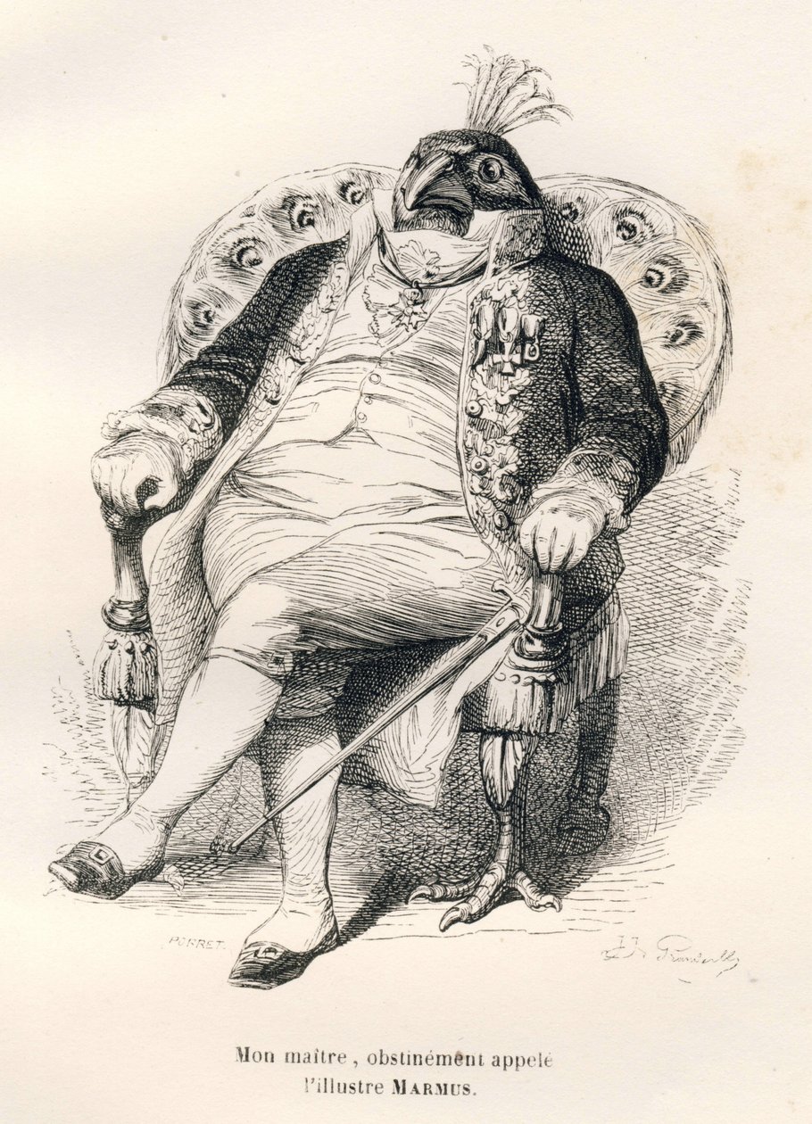 Paw siedzi na swoim krześle. Winiety ilustrowane przez JJ Granville. Grawerem sygnowany Porret w części pt. autorstwa Grandville